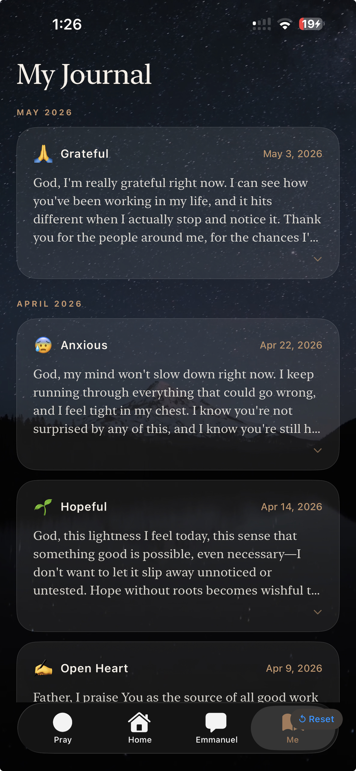 Prayer journal screen